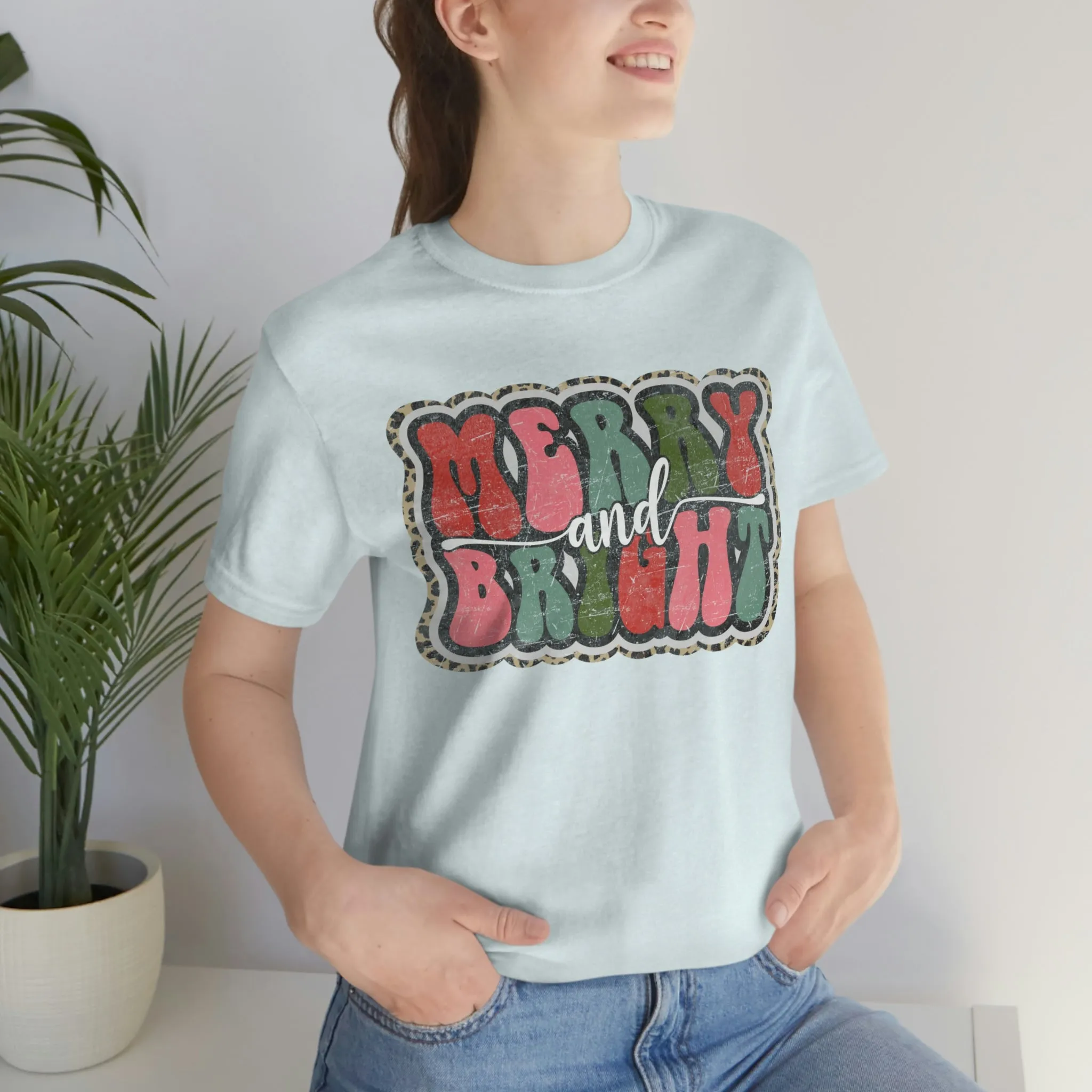 Retro Merry & Bright Women's Christmas T-Shirt Bella Canvas Unisex Jersey Short Sleeve Tee