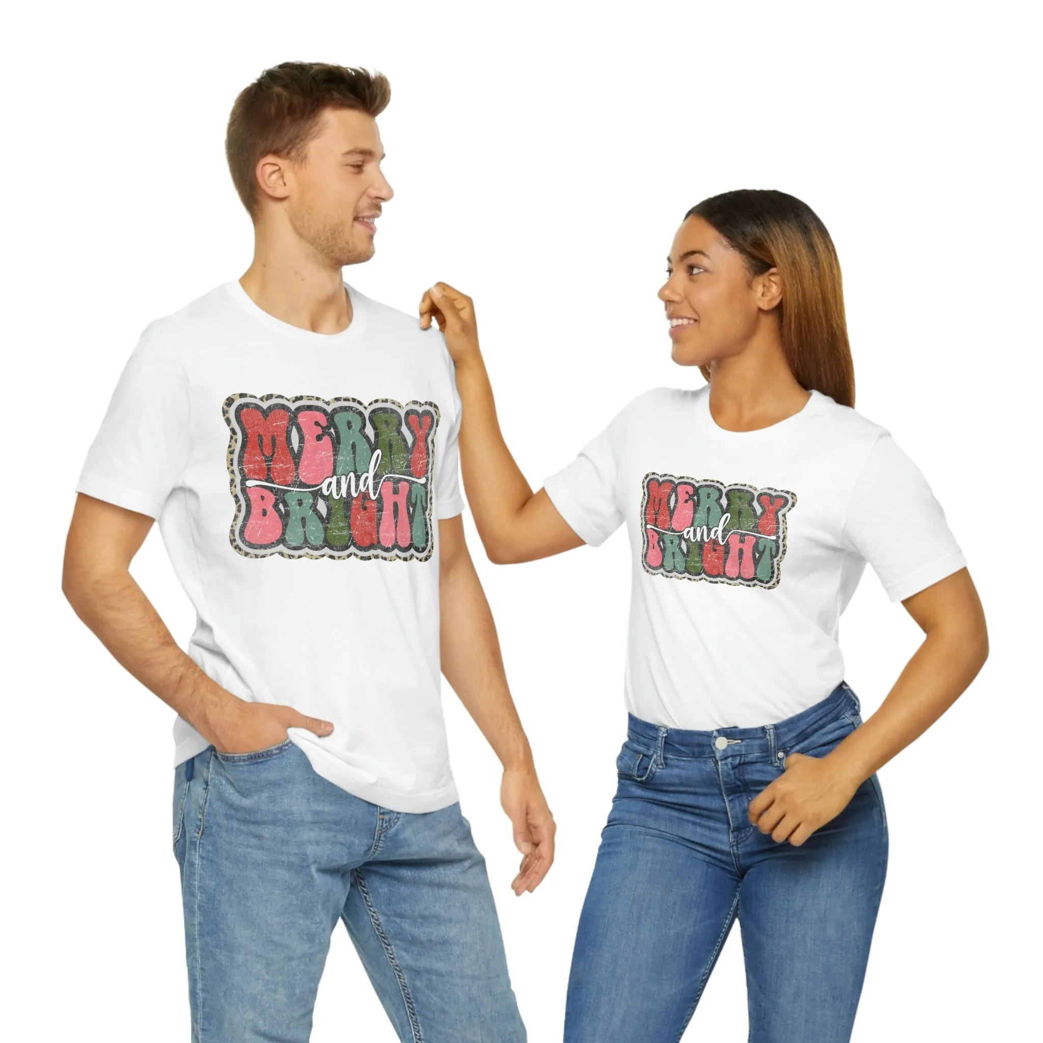 Retro Merry & Bright Women's Christmas T-Shirt Bella Canvas Unisex Jersey Short Sleeve Tee