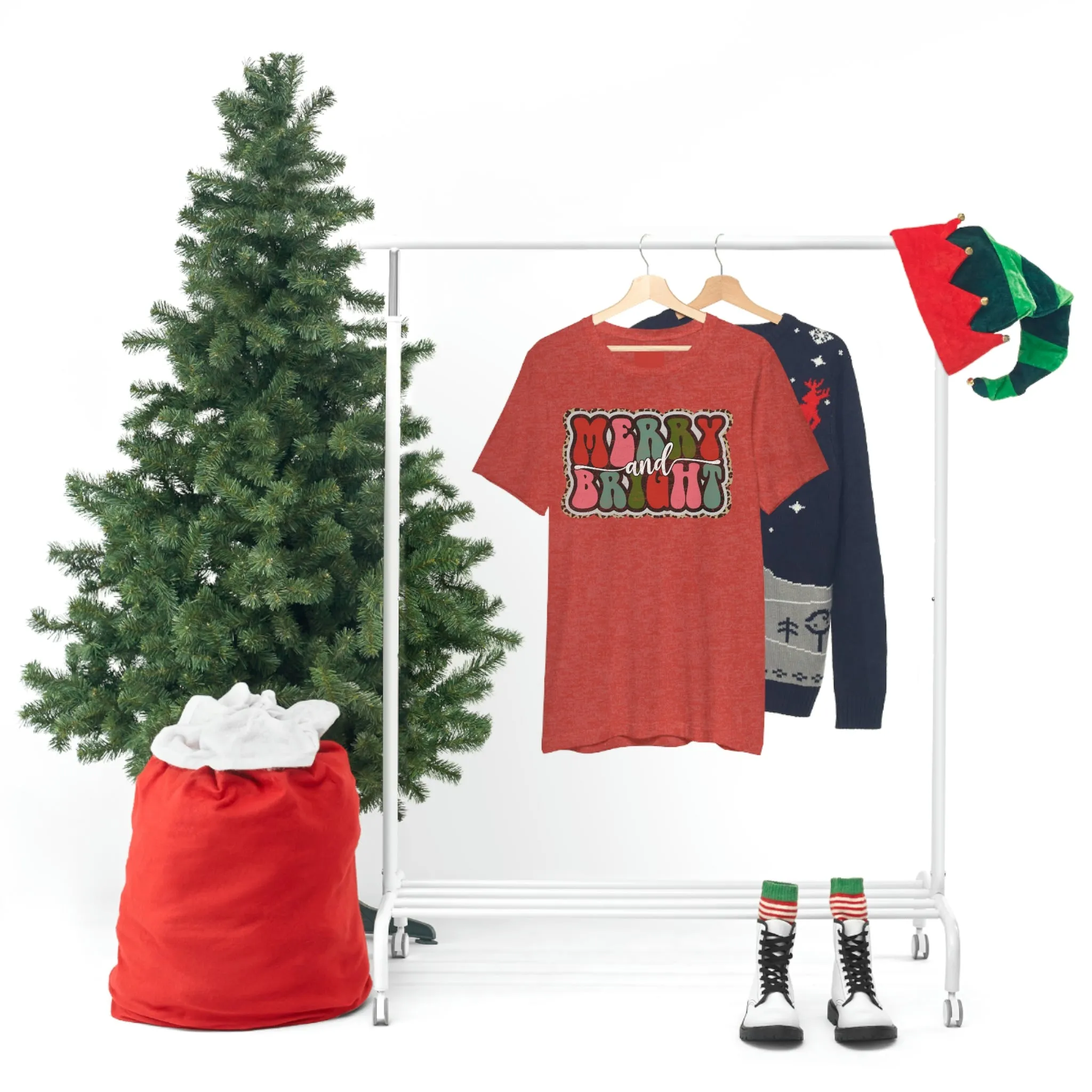 Retro Merry & Bright Women's Christmas T-Shirt Bella Canvas Unisex Jersey Short Sleeve Tee