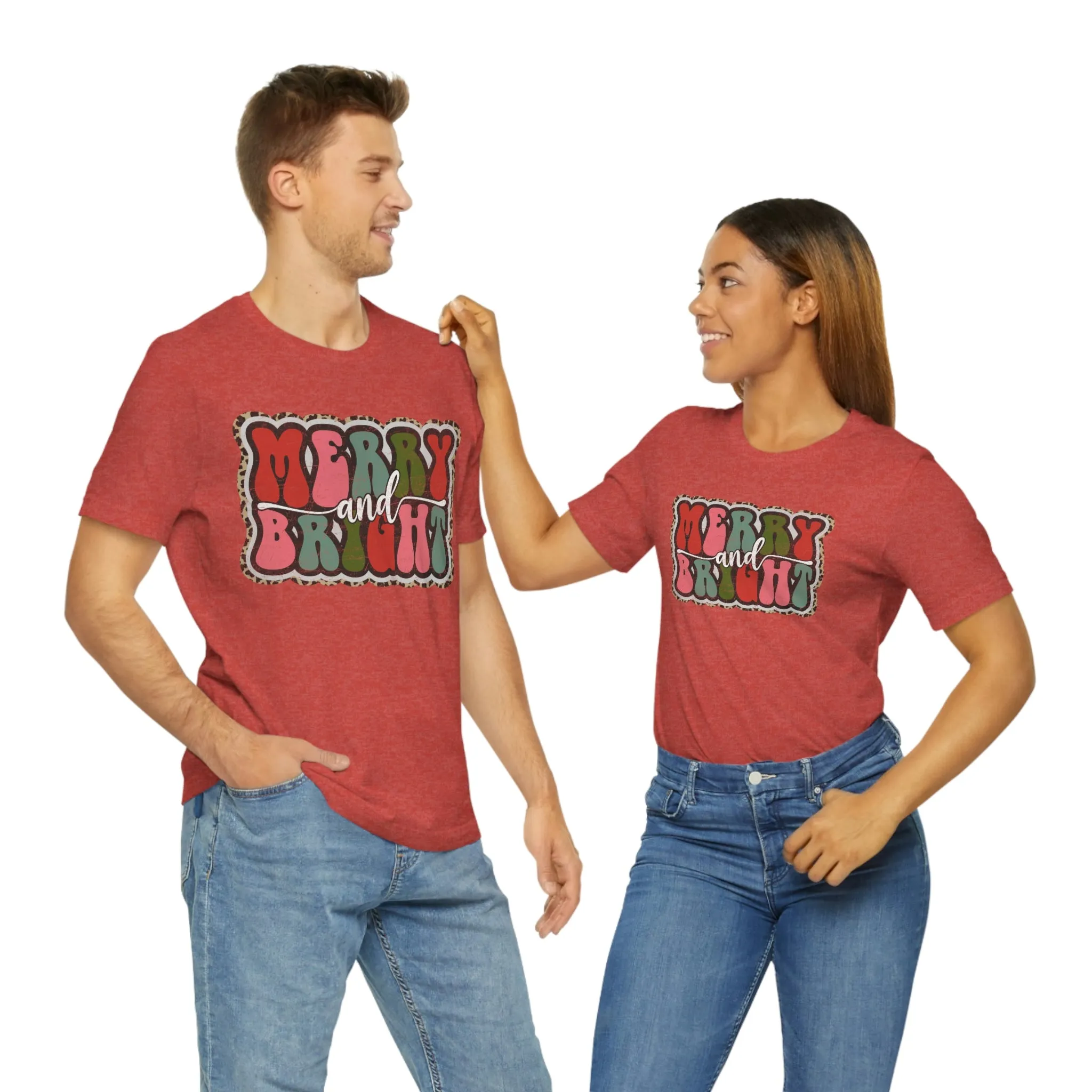 Retro Merry & Bright Women's Christmas T-Shirt Bella Canvas Unisex Jersey Short Sleeve Tee