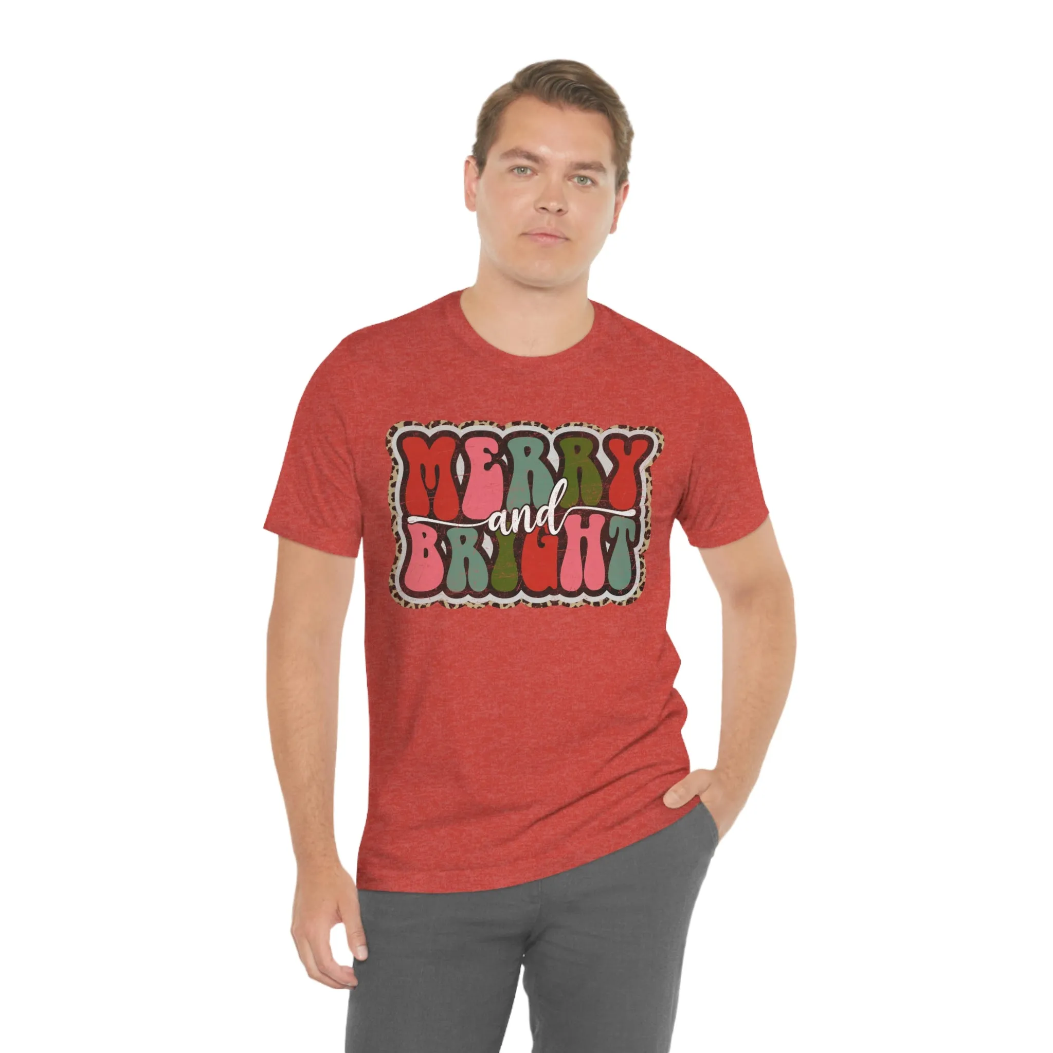 Retro Merry & Bright Women's Christmas T-Shirt Bella Canvas Unisex Jersey Short Sleeve Tee