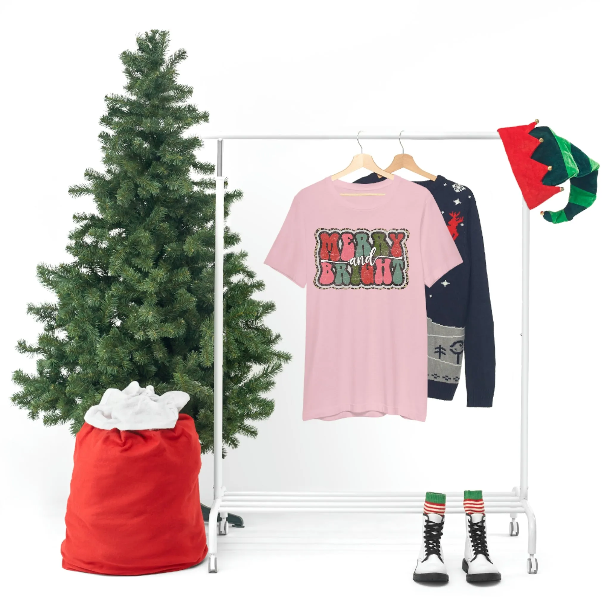 Retro Merry & Bright Women's Christmas T-Shirt Bella Canvas Unisex Jersey Short Sleeve Tee