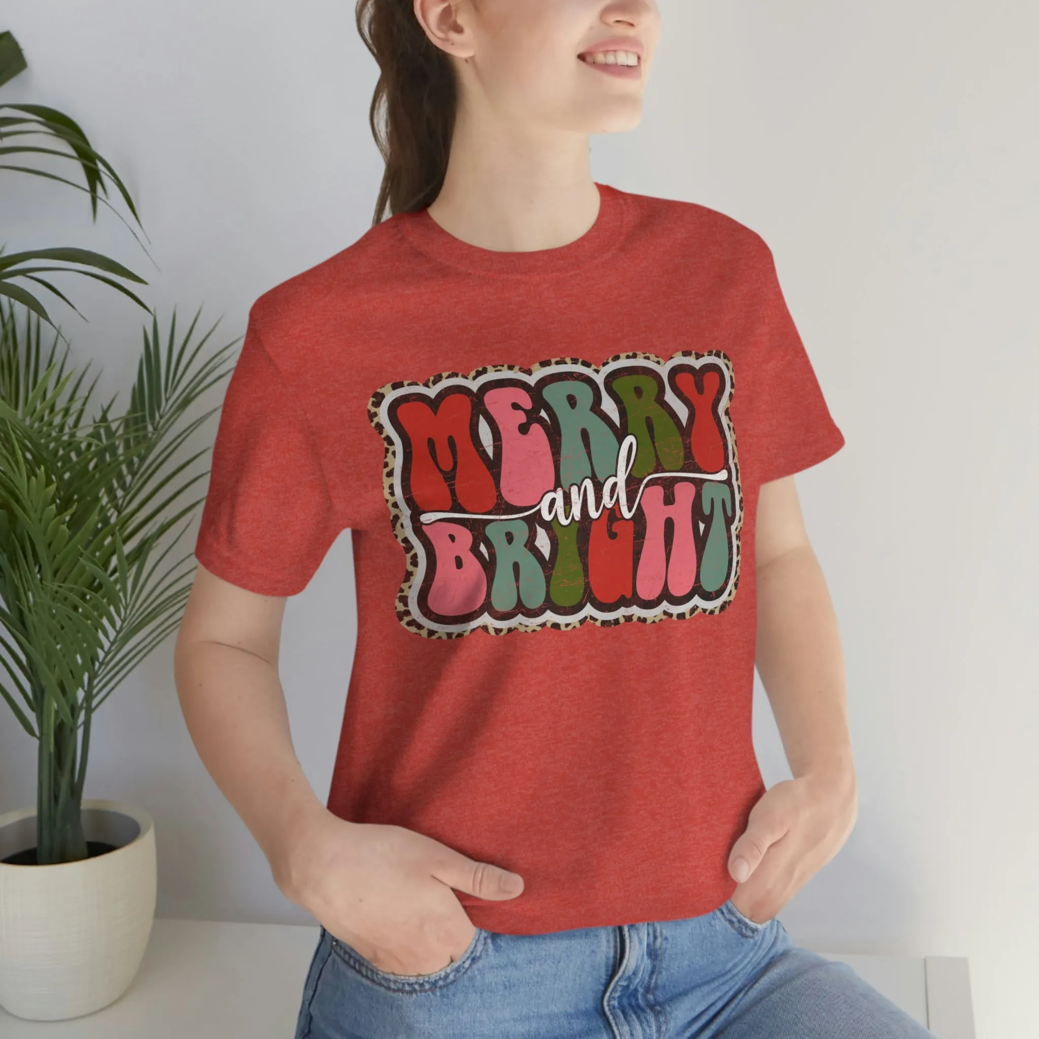 Retro Merry & Bright Women's Christmas T-Shirt Bella Canvas Unisex Jersey Short Sleeve Tee