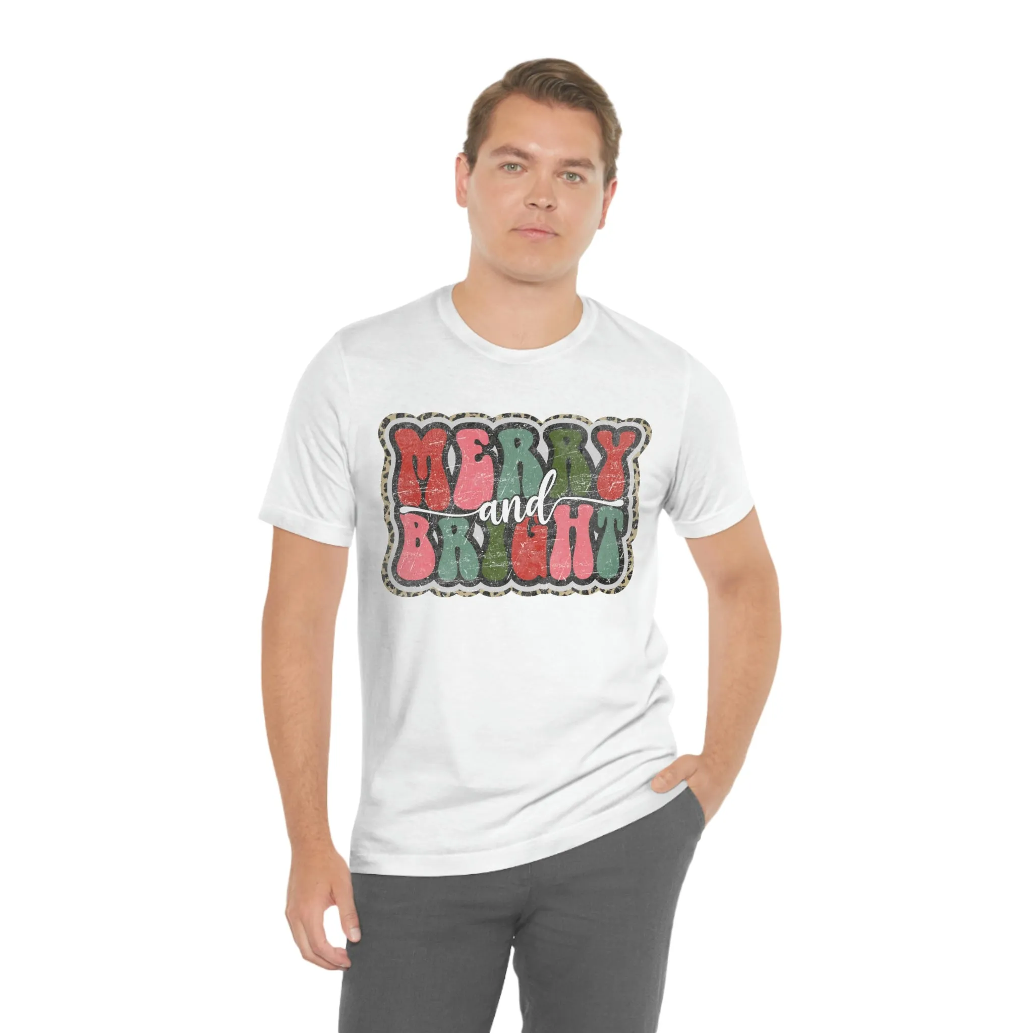 Retro Merry & Bright Women's Christmas T-Shirt Bella Canvas Unisex Jersey Short Sleeve Tee