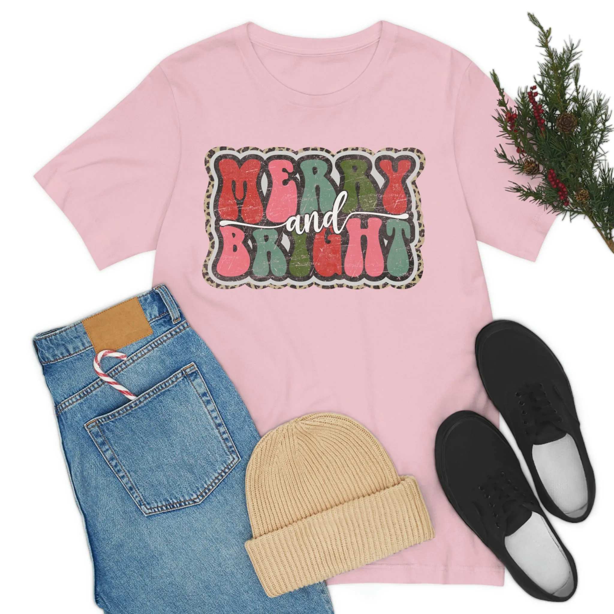Retro Merry & Bright Women's Christmas T-Shirt Bella Canvas Unisex Jersey Short Sleeve Tee