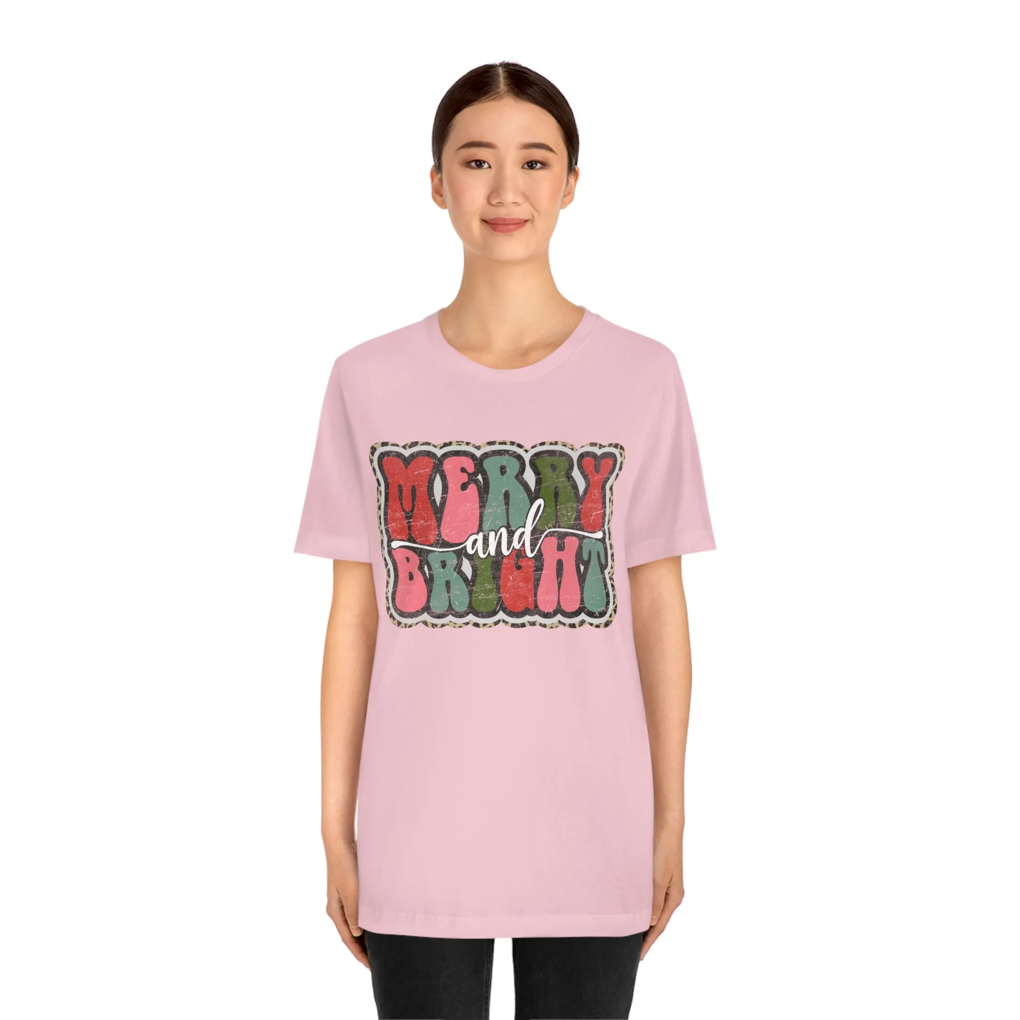 Retro Merry & Bright Women's Christmas T-Shirt Bella Canvas Unisex Jersey Short Sleeve Tee