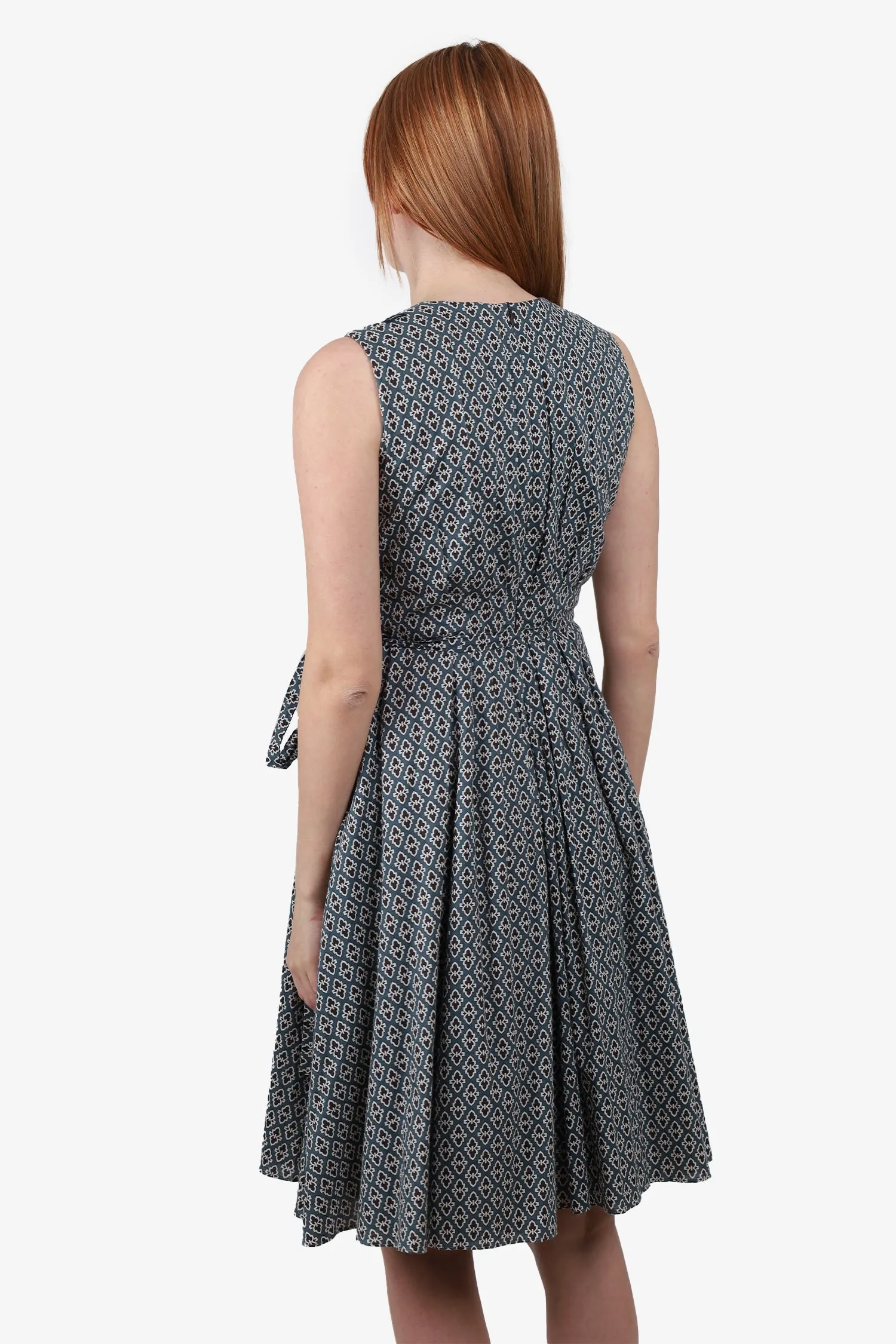'S Max Mara Blue/Grey Printed Cotton Pleated Sleeveless Dress with Waist Tie Size S