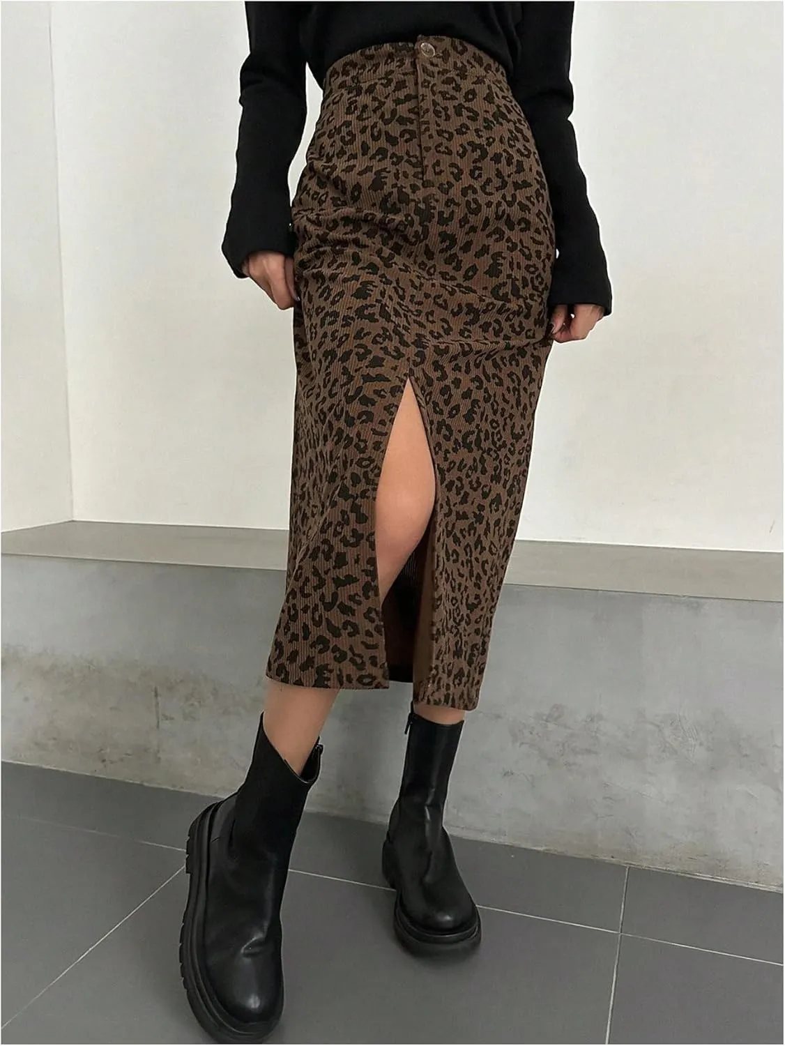 SOLY HUX Women's Leopard Skirts Front Slit Elegant Office Bodycon Skirt Going Out Party Midi Skirts