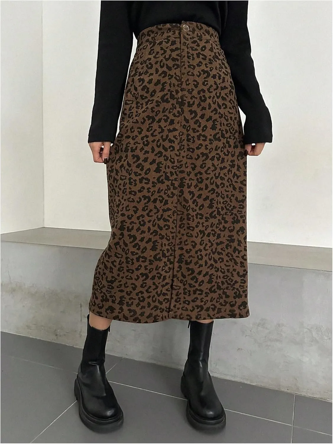 SOLY HUX Women's Leopard Skirts Front Slit Elegant Office Bodycon Skirt Going Out Party Midi Skirts