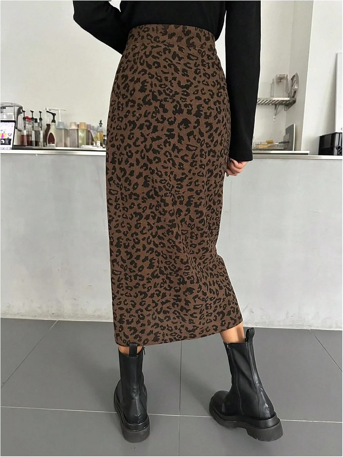 SOLY HUX Women's Leopard Skirts Front Slit Elegant Office Bodycon Skirt Going Out Party Midi Skirts