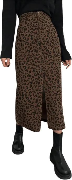 SOLY HUX Women's Leopard Skirts Front Slit Elegant Office Bodycon Skirt Going Out Party Midi Skirts