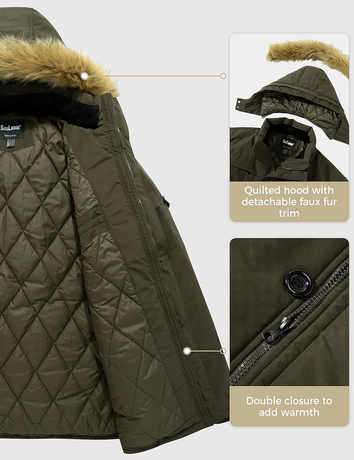 Soularge Men's Big and Tall Winter Warm Heavy Hooded Parka Jacket