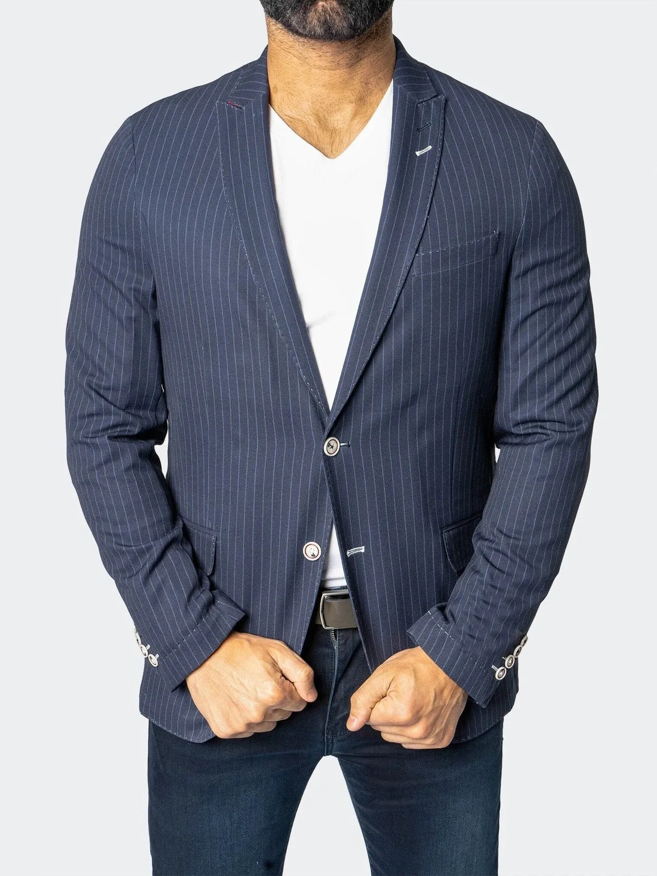 Unconstructed Stretch Pinstripes Blazer - Navy