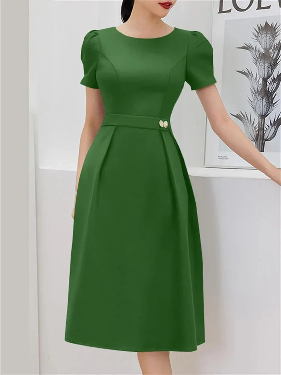 Women A-Line Midi Dresses Short Puff Sleeve O-Neck Fitted Waist Robes Solid Pleated Party Dress
