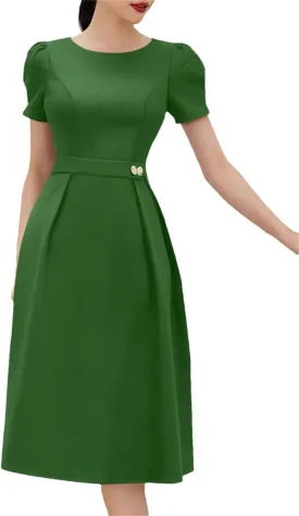 Women A-Line Midi Dresses Short Puff Sleeve O-Neck Fitted Waist Robes Solid Pleated Party Dress