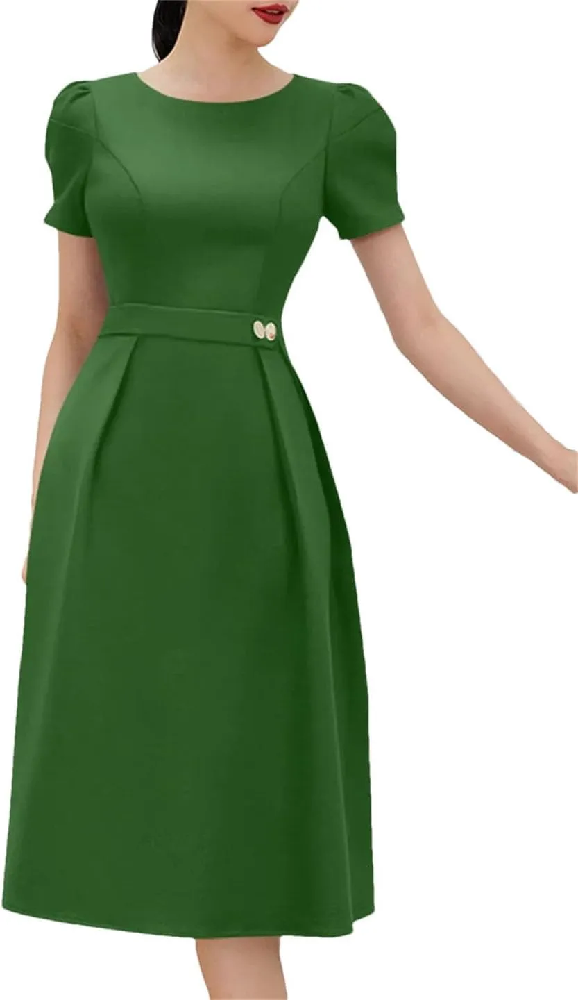 Women A-Line Midi Dresses Short Puff Sleeve O-Neck Fitted Waist Robes Solid Pleated Party Dress