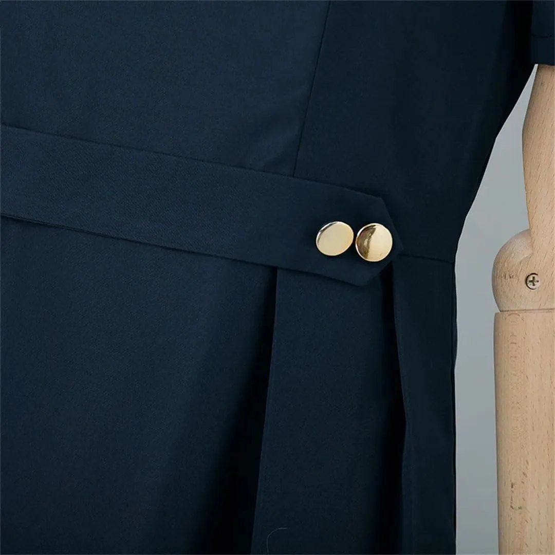 Women A-Line Midi Dresses Short Puff Sleeve O-Neck Fitted Waist Robes Solid Pleated Party Dress