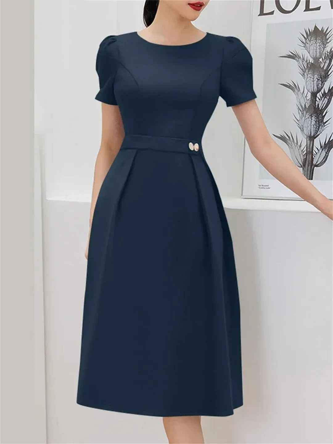Women A-Line Midi Dresses Short Puff Sleeve O-Neck Fitted Waist Robes Solid Pleated Party Dress