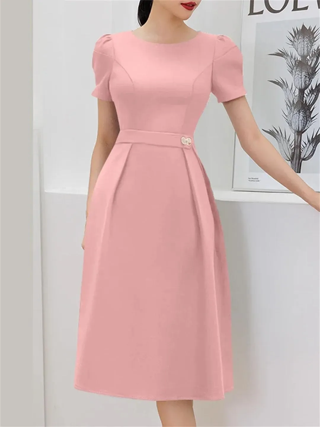 Women A-Line Midi Dresses Short Puff Sleeve O-Neck Fitted Waist Robes Solid Pleated Party Dress