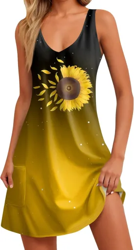 Women Summer Dresses Printed Sleeveless Dress with Pocket 2025 Vacation Sundress Casual V Neck Swimsuit Coverup