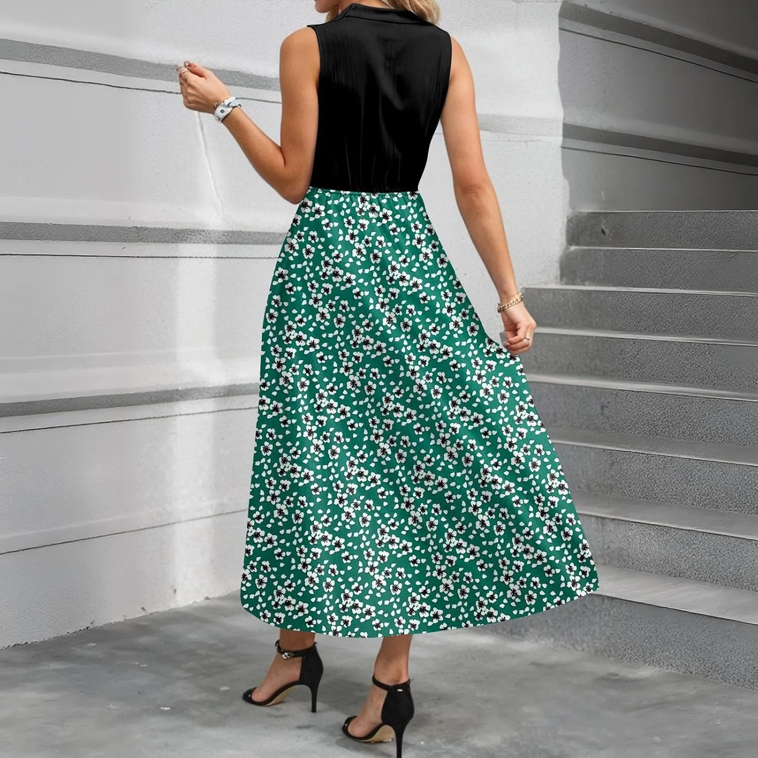 Women Summer Sleeveless Dresses 2025 V Neck Patchwork Boho Floral Ruffle Cocktail Party Midi Dress