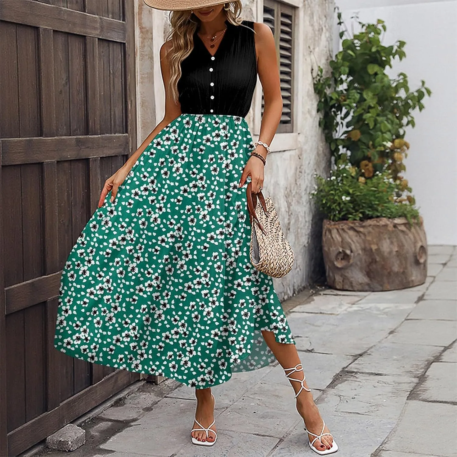 Women Summer Sleeveless Dresses 2025 V Neck Patchwork Boho Floral Ruffle Cocktail Party Midi Dress