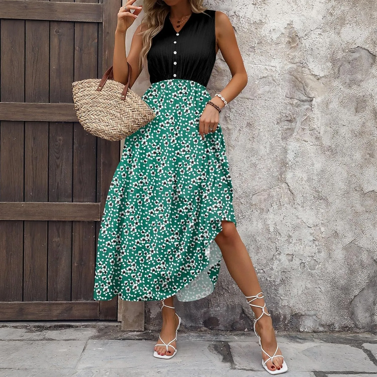 Women Summer Sleeveless Dresses 2025 V Neck Patchwork Boho Floral Ruffle Cocktail Party Midi Dress