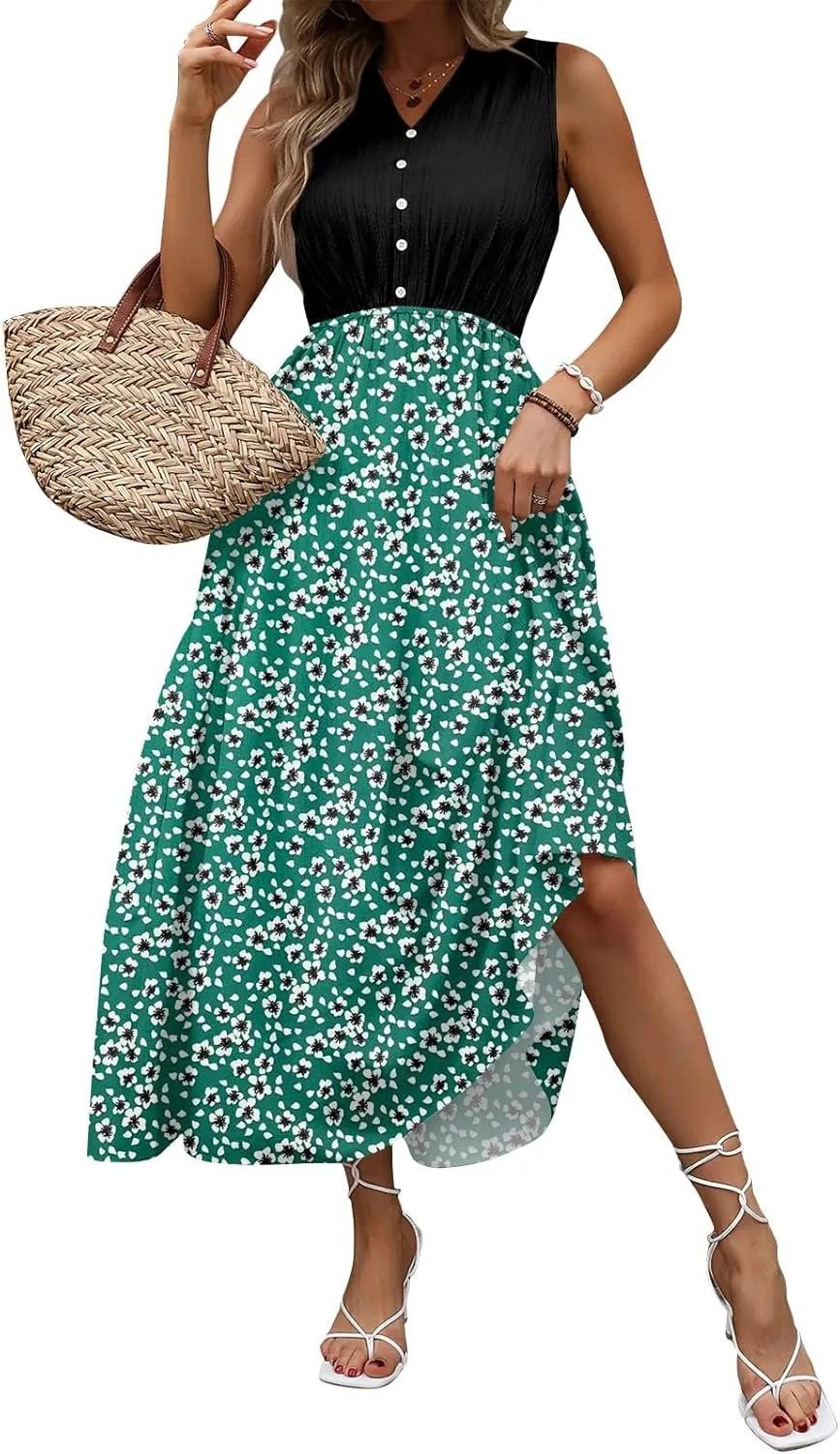 Women Summer Sleeveless Dresses 2025 V Neck Patchwork Boho Floral Ruffle Cocktail Party Midi Dress