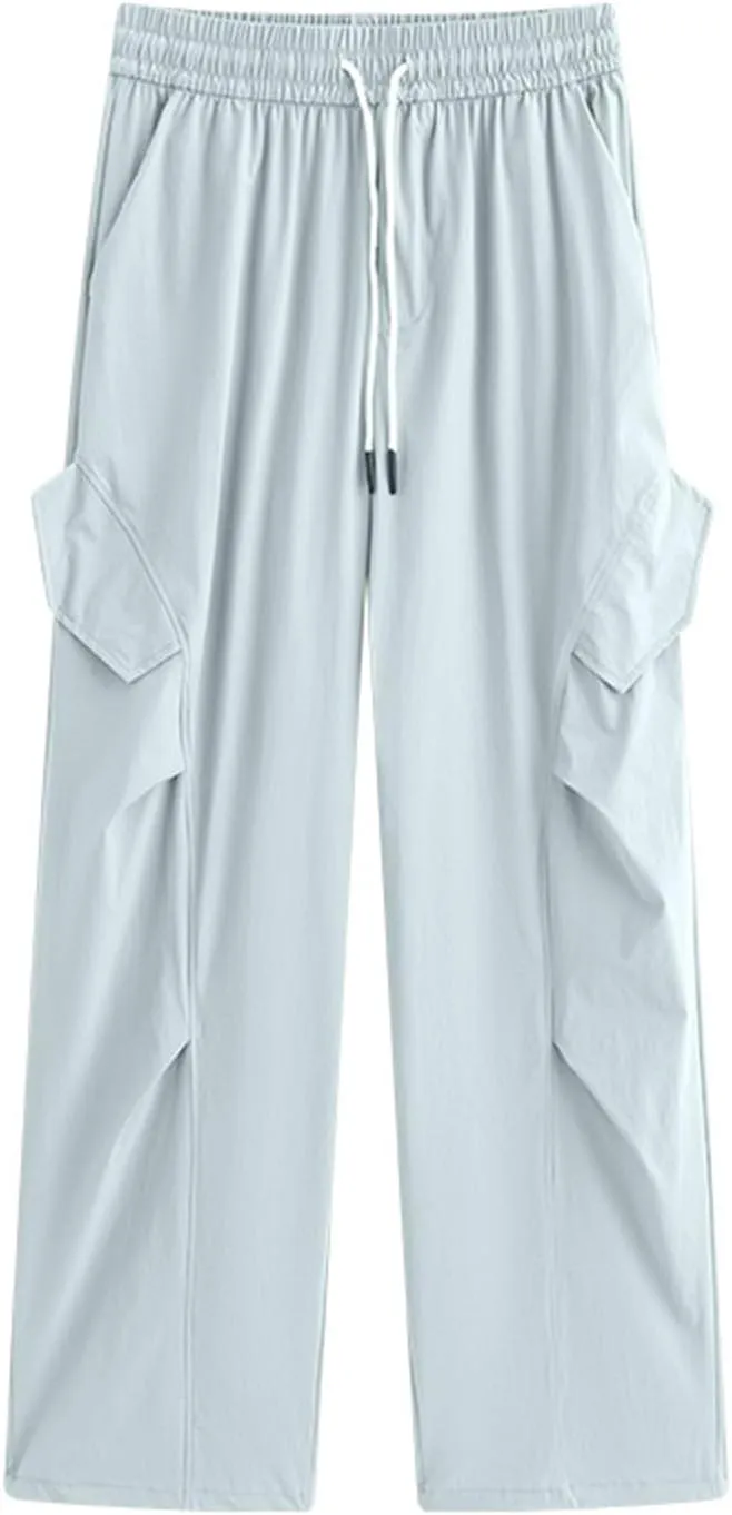 Women's Cargo Pants High Waisted Casual Workwear Trousers Elastic Drawstring Waist Straight Leg Pocket Spring