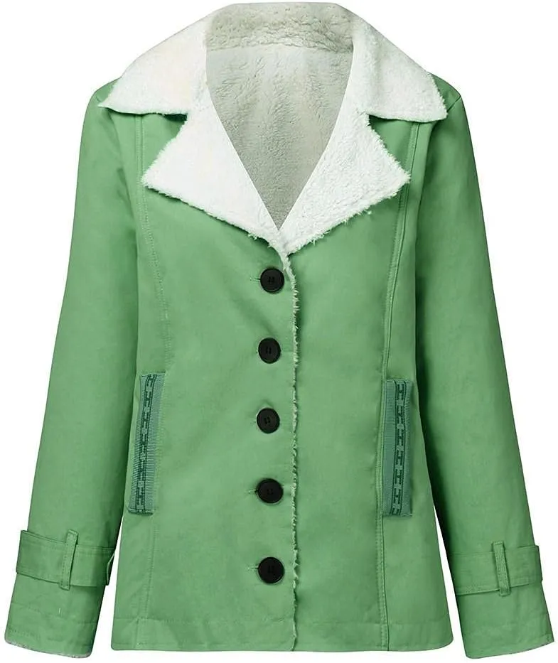 Womens Casual Sherpa Fleece Lined Denim Jackets Plus Size Warm Winter Lapel Collar Faux Fur Oversized Button Down Coat