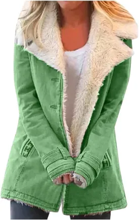 Womens Casual Sherpa Fleece Lined Denim Jackets Plus Size Warm Winter Lapel Collar Faux Fur Oversized Button Down Coat