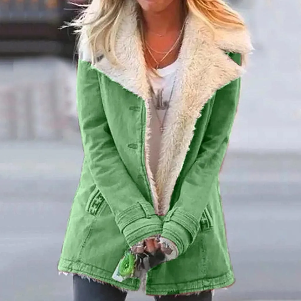 Womens Casual Sherpa Fleece Lined Denim Jackets Plus Size Warm Winter Lapel Collar Faux Fur Oversized Button Down Coat