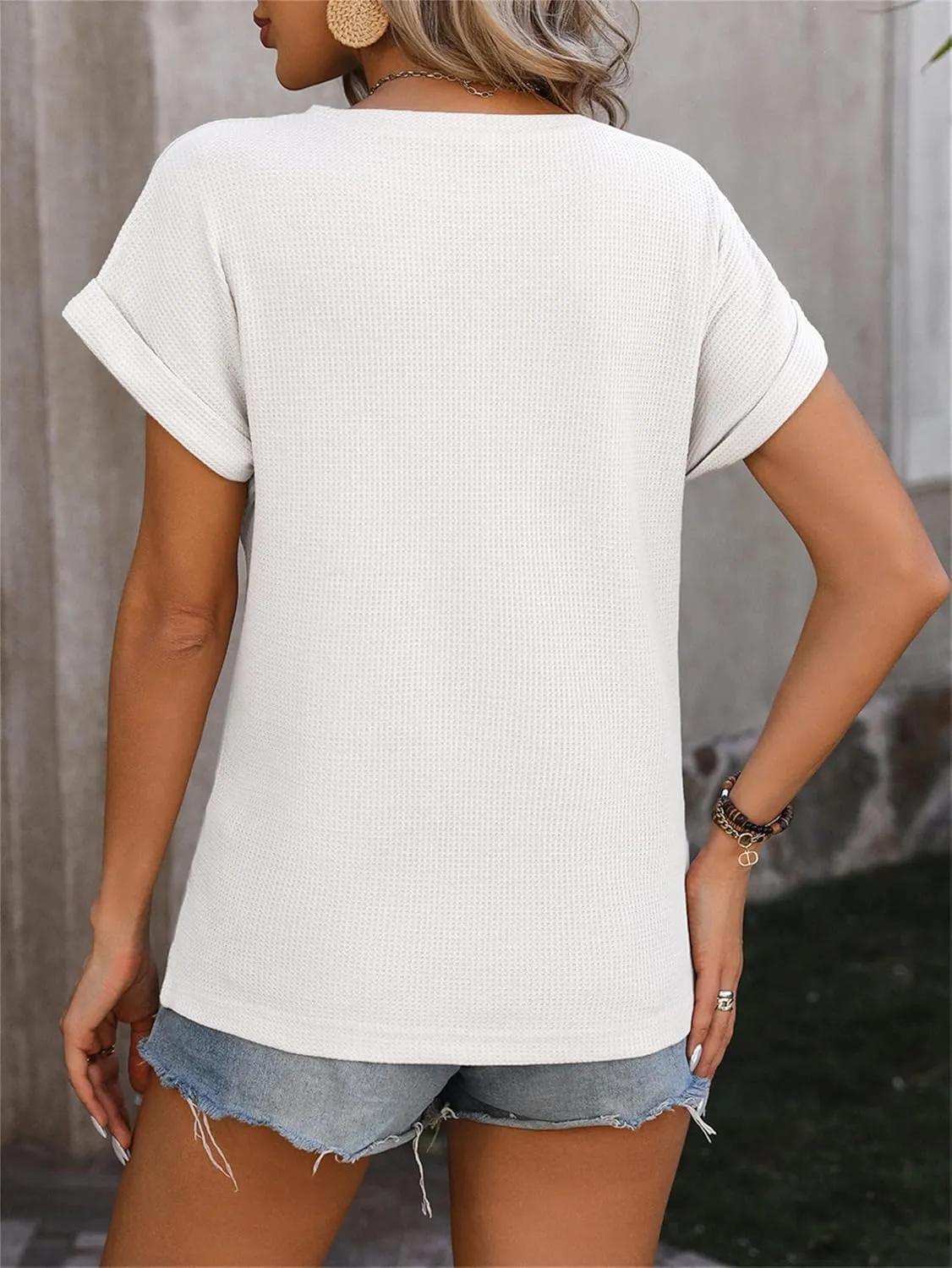 Womens Casual Top Short Sleeve Cute Twist Knot Waffle Shirts Loose T Shirt Tops
