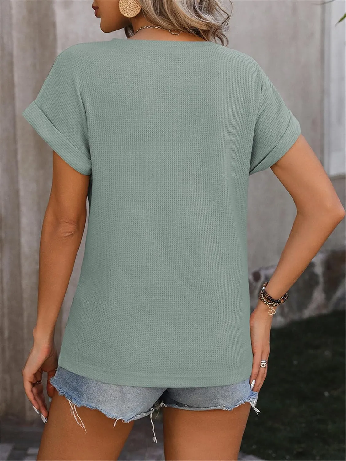 Womens Casual Top Short Sleeve Cute Twist Knot Waffle Shirts Loose T Shirt Tops