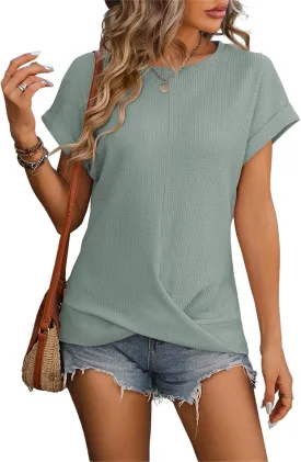 Womens Casual Top Short Sleeve Cute Twist Knot Waffle Shirts Loose T Shirt Tops