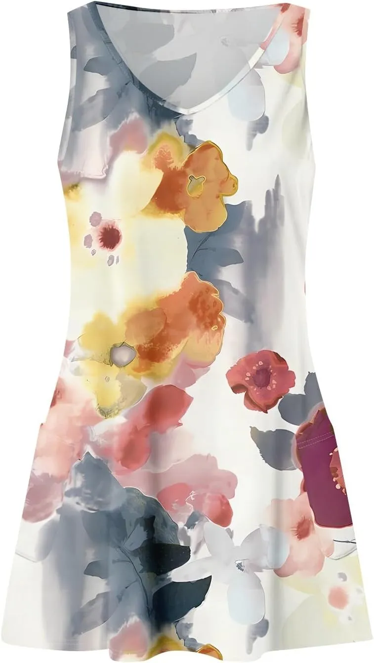 Women's Summer Dresses 2025 Casual Swimsuit Coverup Beach Printed Sundress Sleeveless Vacation Dress with Pocket
