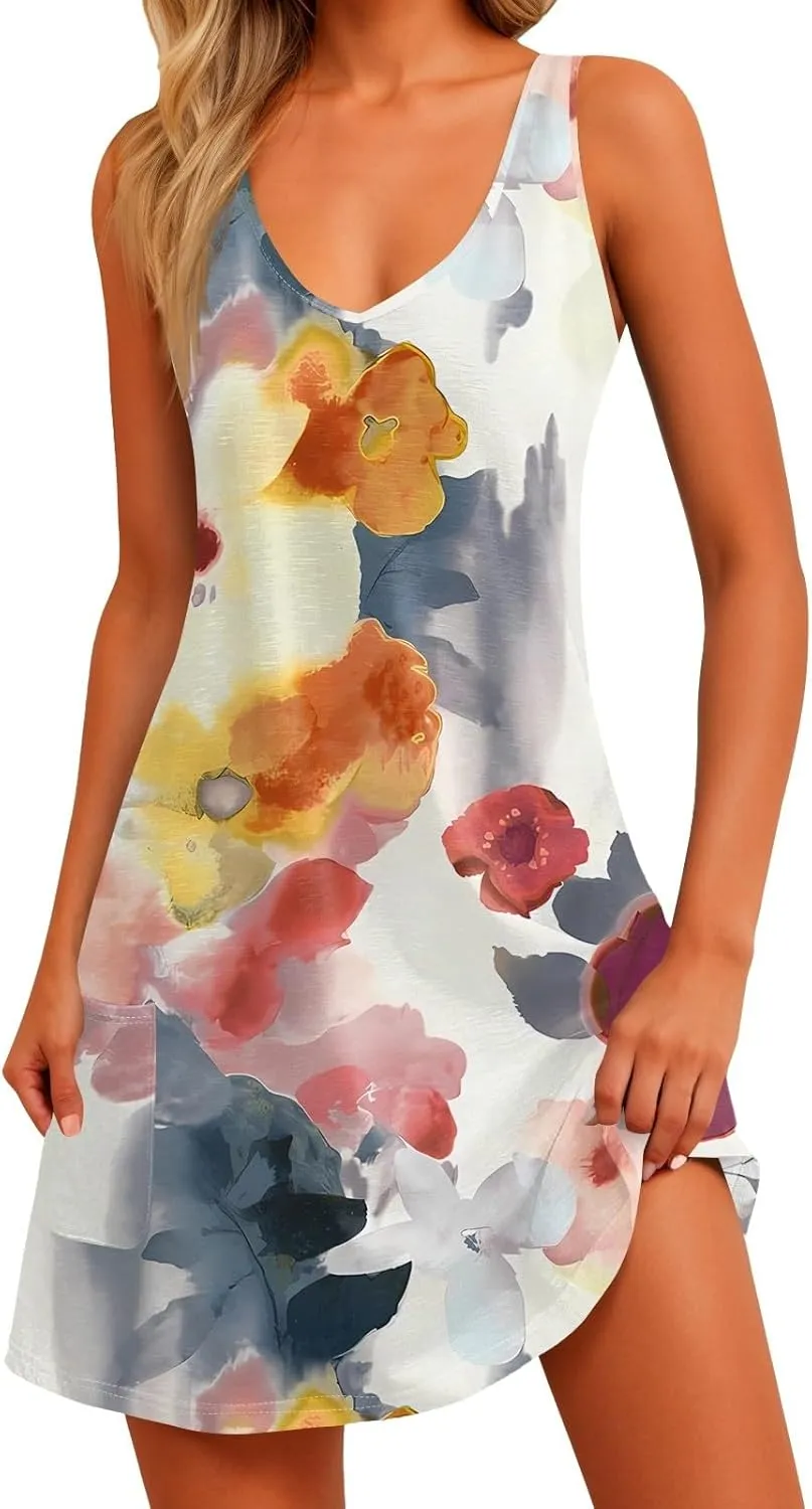 Women's Summer Dresses 2025 Casual Swimsuit Coverup Beach Printed Sundress Sleeveless Vacation Dress with Pocket