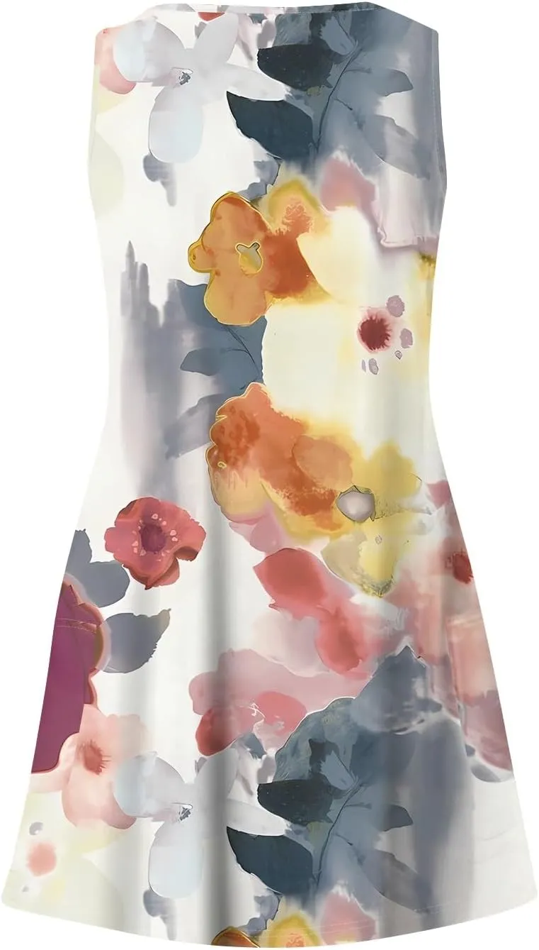 Women's Summer Dresses 2025 Casual Swimsuit Coverup Beach Printed Sundress Sleeveless Vacation Dress with Pocket
