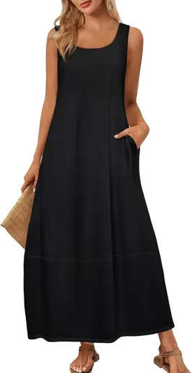 Women's Tank Dresses 2025 Summer Floral Print Round Neck Sleeveless Tank Dress with Pockets Elegant Sundress