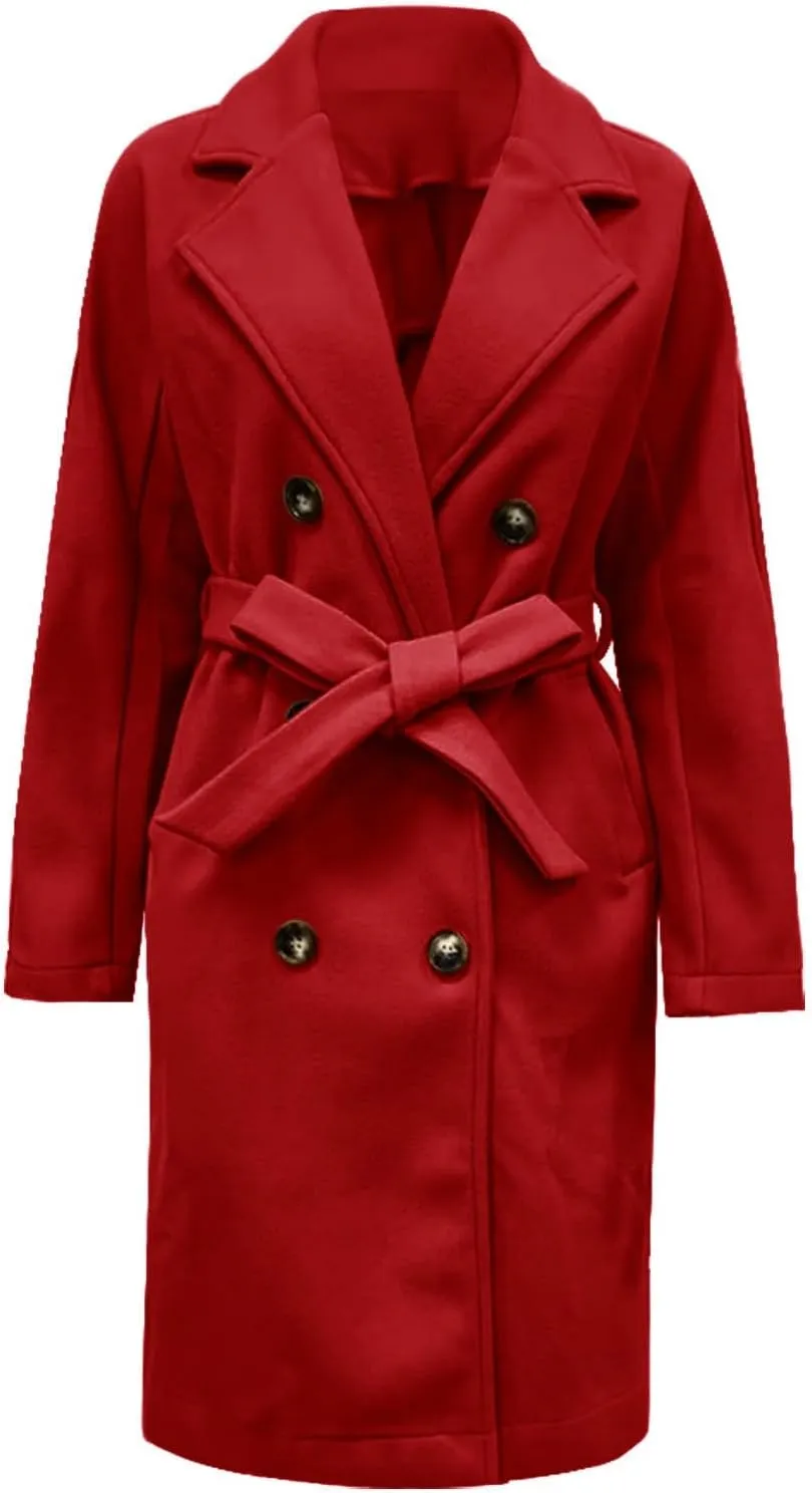 Womens Trench Coat Double Breasted Suit Collar Length Overcoat Warm Windproof Work Business Classic Outwear with Belt