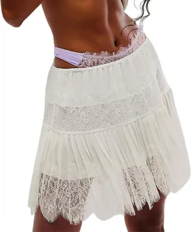 Womens Y2K Lace Mini Skirts Fashion Low Rise Pleated Lace Slip Mesh Floral Layered Skirts Summer Flowy Short Skirts