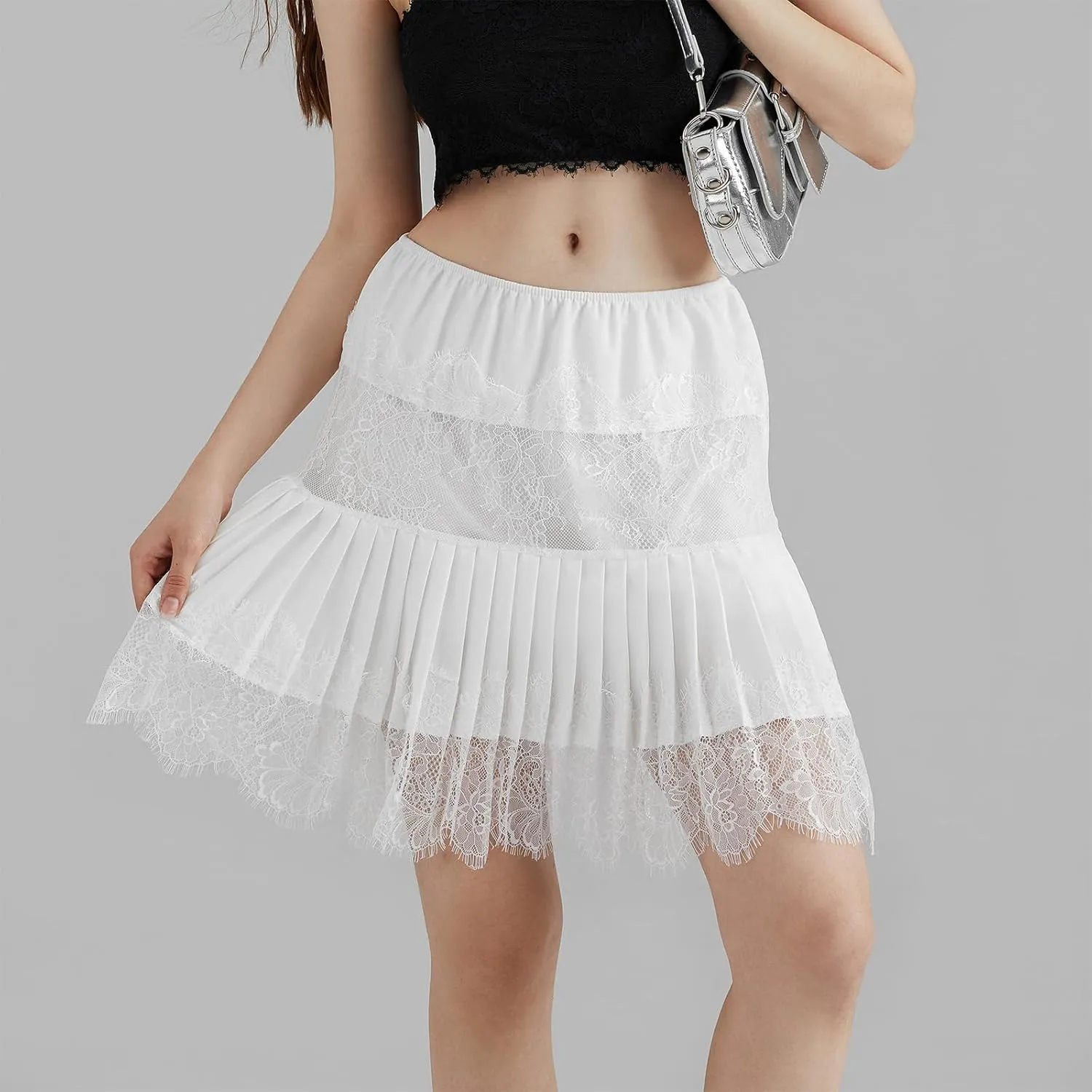 Womens Y2K Lace Mini Skirts Fashion Low Rise Pleated Lace Slip Mesh Floral Layered Skirts Summer Flowy Short Skirts
