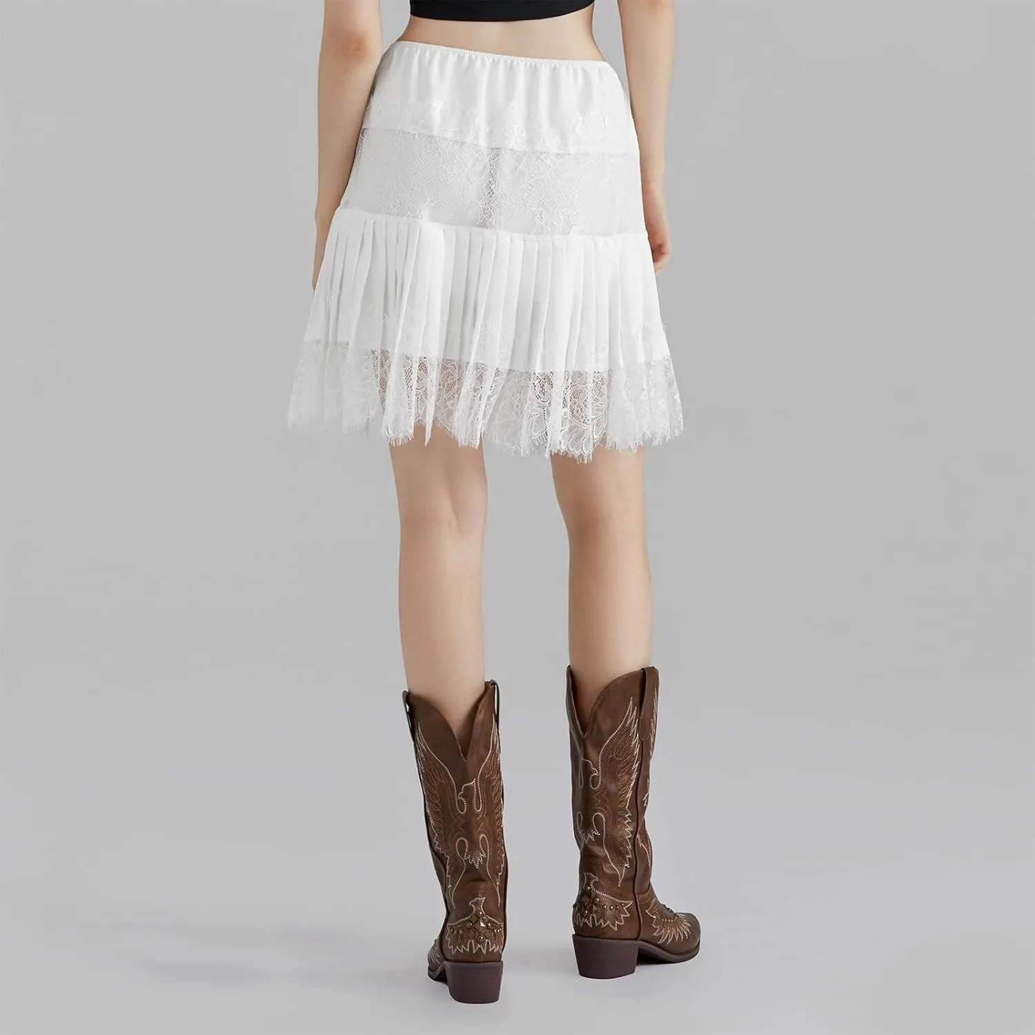 Womens Y2K Lace Mini Skirts Fashion Low Rise Pleated Lace Slip Mesh Floral Layered Skirts Summer Flowy Short Skirts