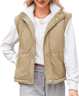 ZAFUL Womens 2024 Fall Cropped Puffer Vest Reversible Zip Up Quilted Vest Sleeveless Winter Fleece Jacket Outerwear