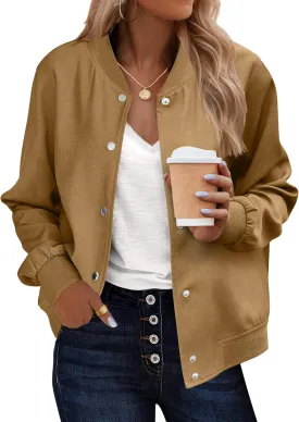Zeagoo Womens Bomber Jacket Casual Varsity Jackets Button Up Lightweight Sporty Spring Utility Moto Hip Pop Outfits with Pockets Camel